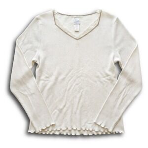 Aria Womens Cream Waffle Knit Thermal Top Lace Trim V-Neck Long Sleeve Large